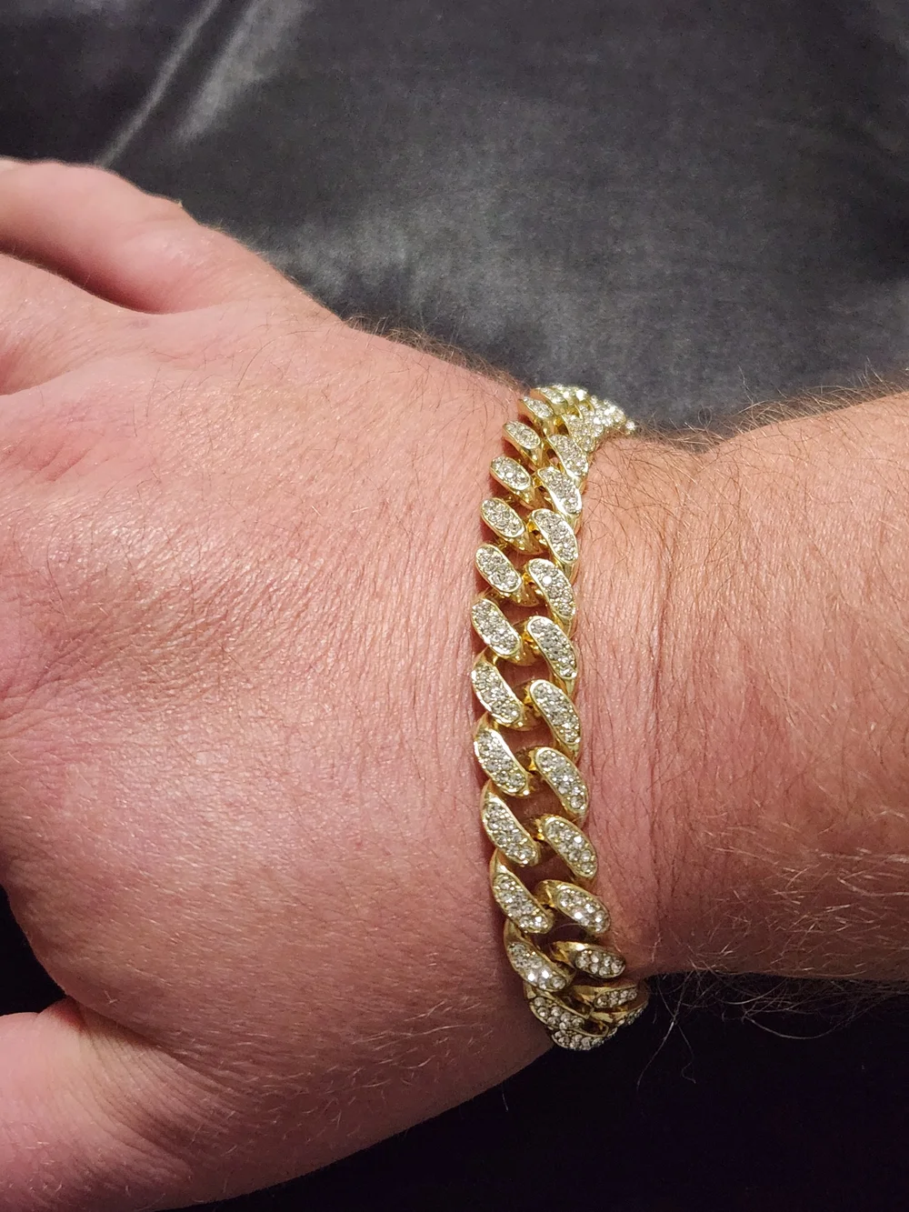 Gold Tone Pave Rhinestone Cuban Link Statement Bracelet Foldover Clasp